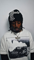Black Royal Cross Beanie With Rhinestones