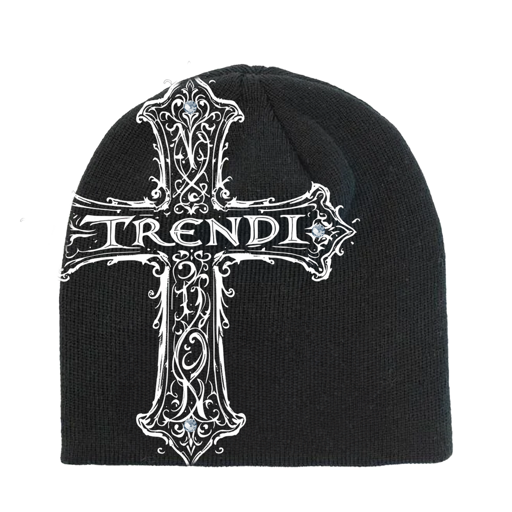 Black Royal Cross Beanie With Rhinestones